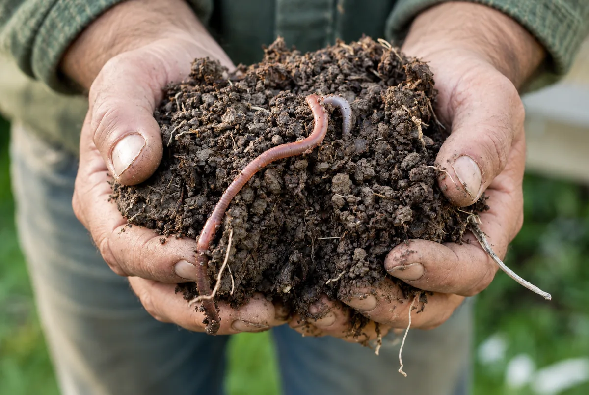 Hands holding dark, crumbly soil with earthworms and fine roots